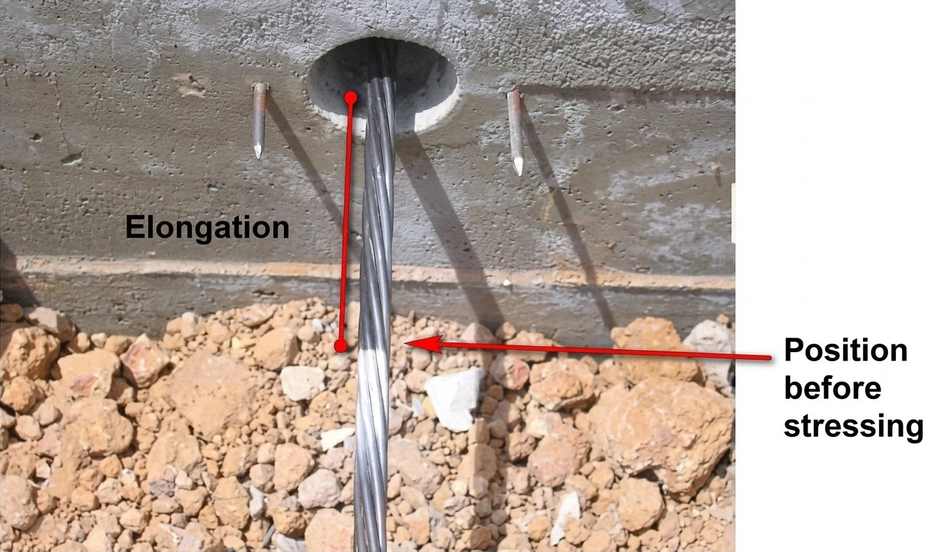 Prestressing strand anchorage showing measured elongation with initial white paint mark before stressing